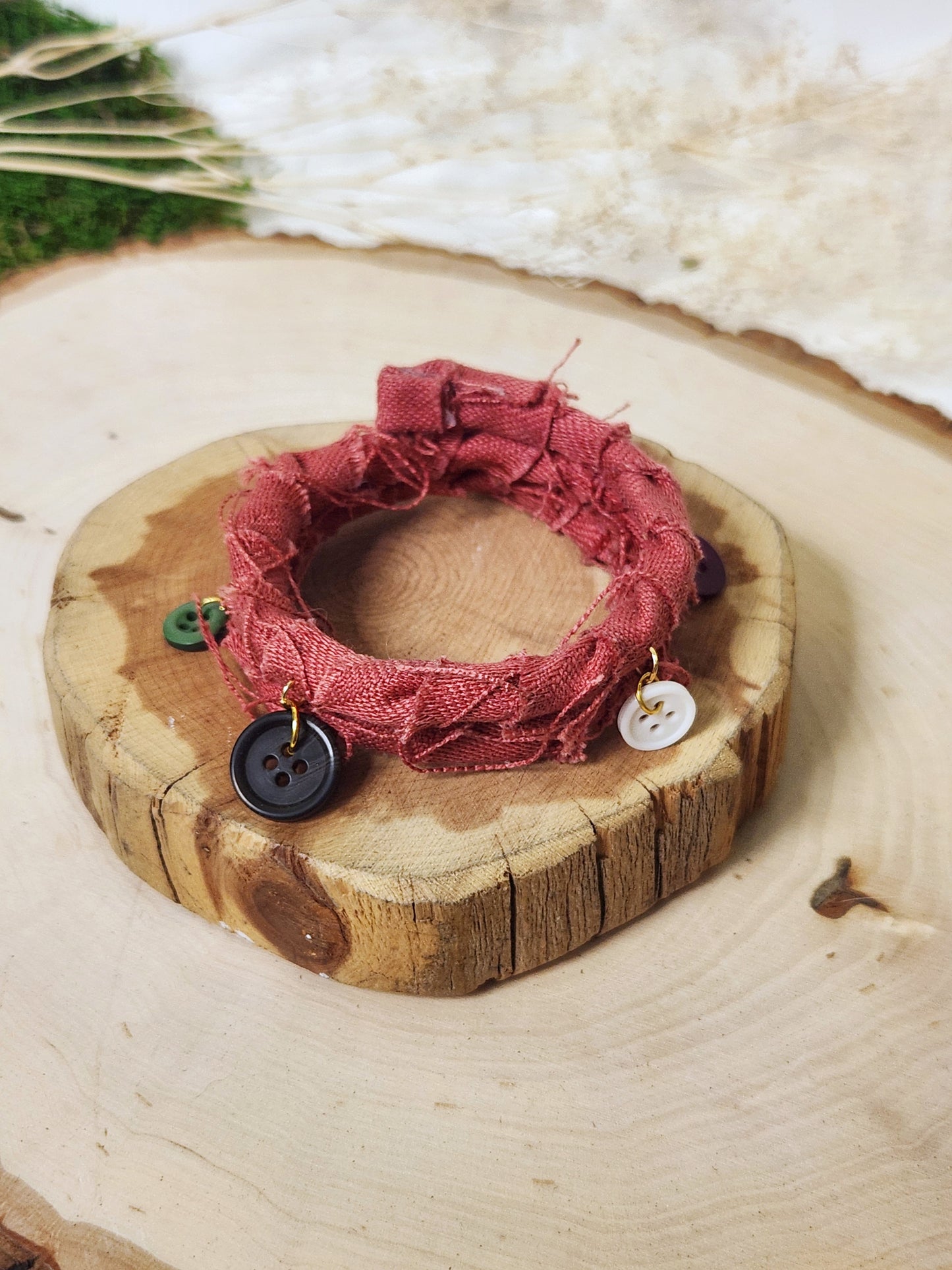 Red Fabric Wrap Bracelet With Button Dangles