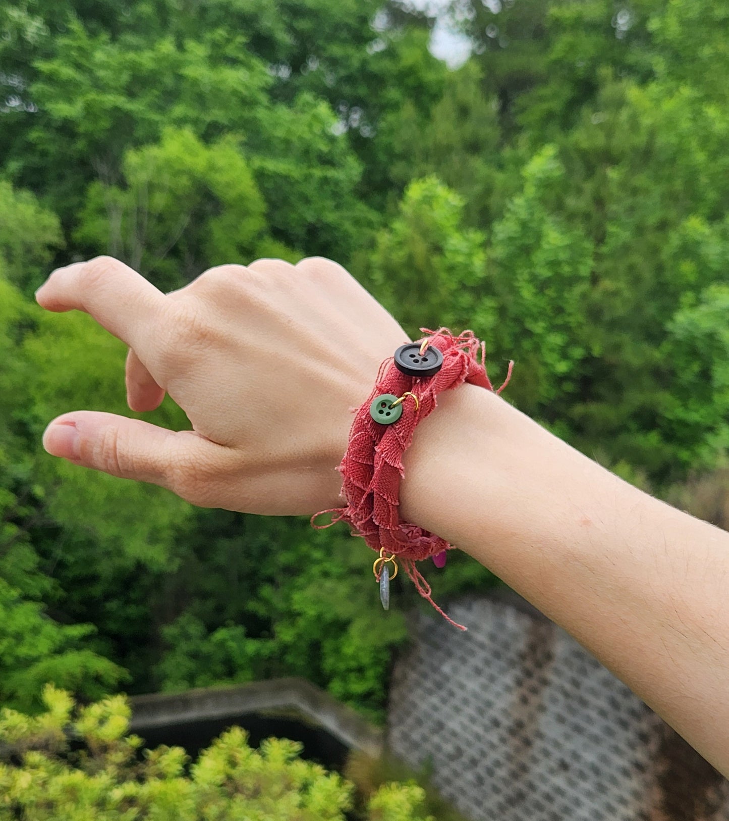 Red Fabric Wrap Bracelet With Button Dangles