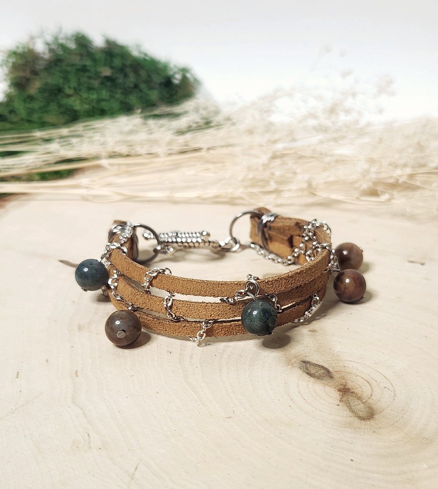 Leather and Chain Bracelet With Bead Dangles