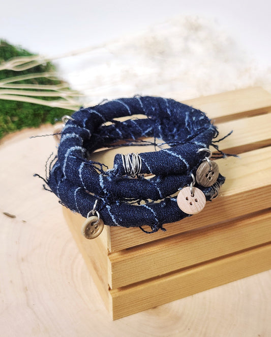 Denim wrap bracelet with wooden button dangles