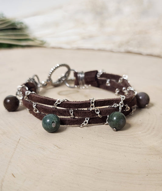 Brown Suede and Chain Bracelet With Bead Dangles