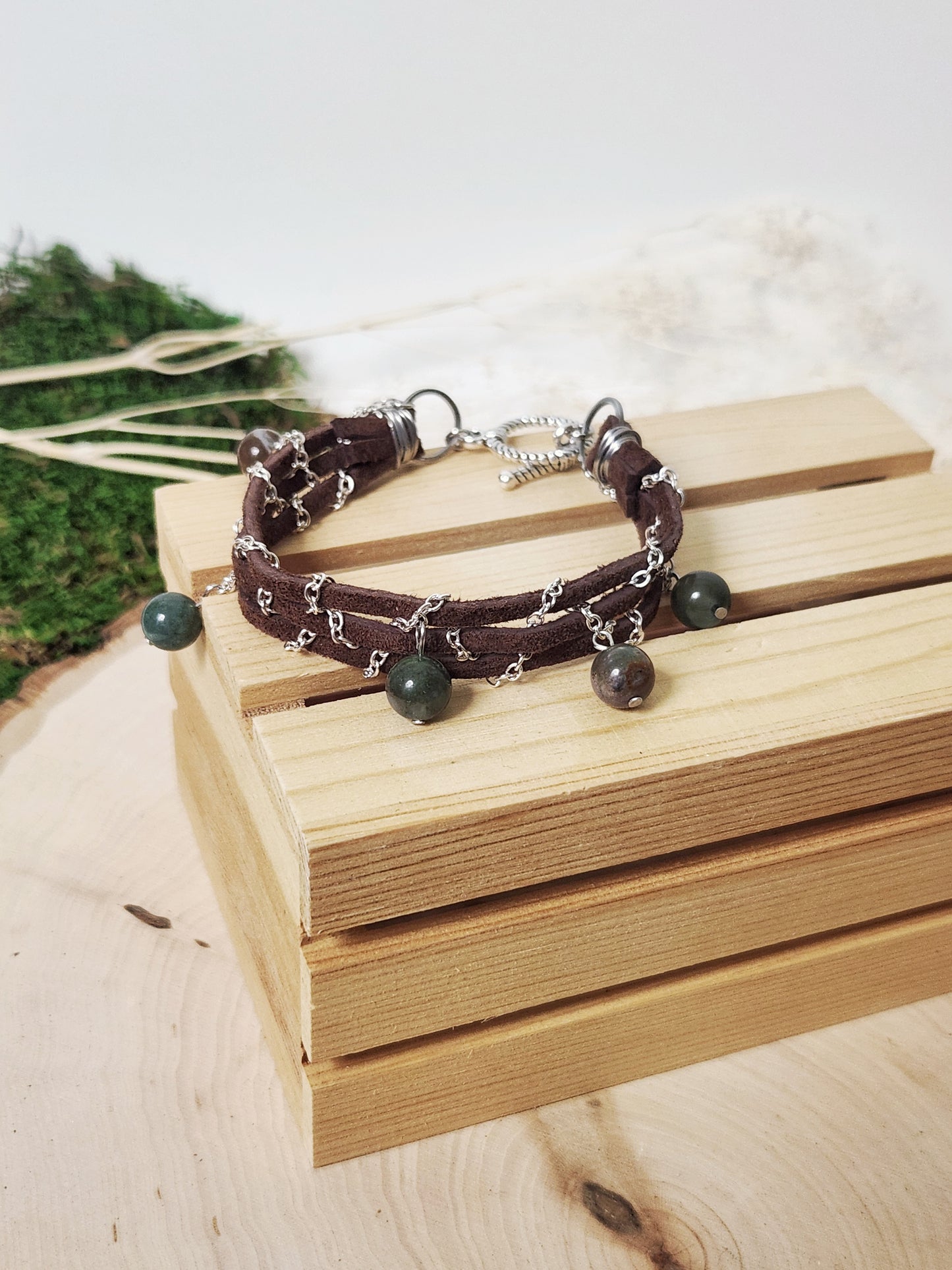 Brown Suede and Chain Bracelet With Bead Dangles