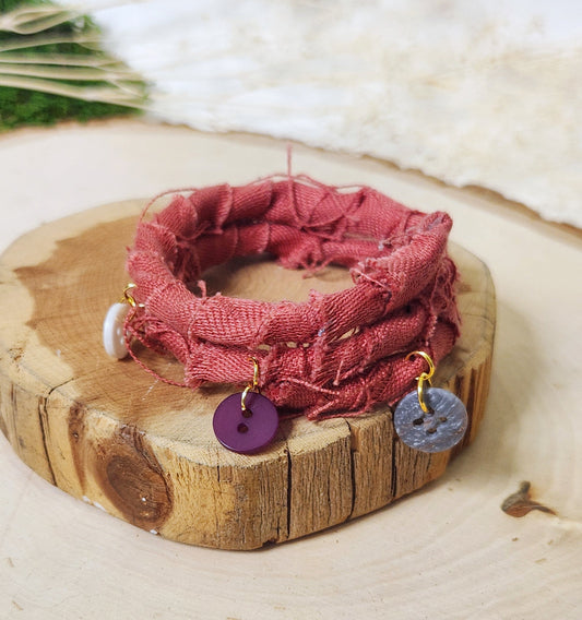 Red Fabric Wrap Bracelet With Button Dangles