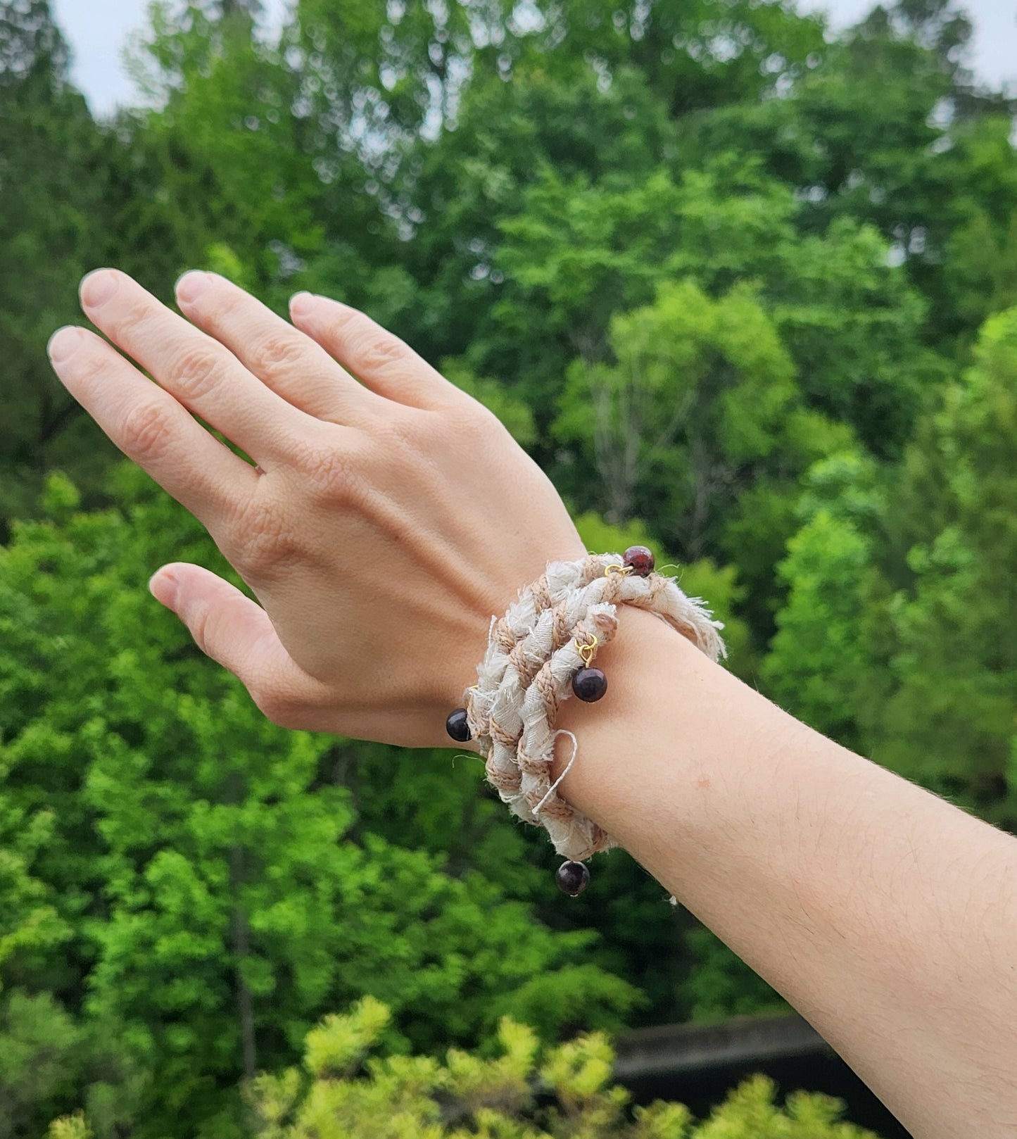 Fabric Wrap Bracelet with Bloodstone Bead Dangles