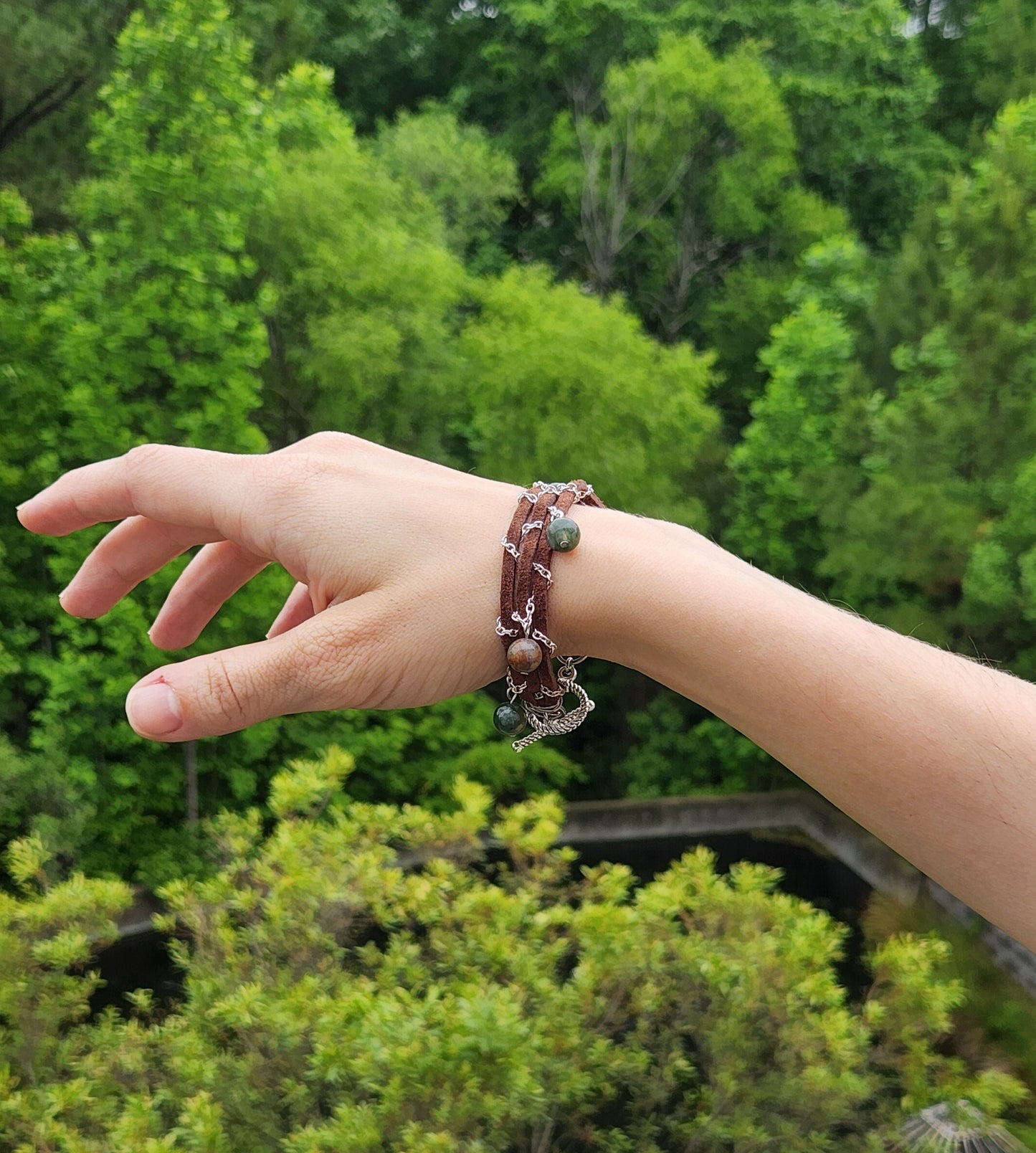 Brown Suede and Chain Bracelet With Bead Dangles