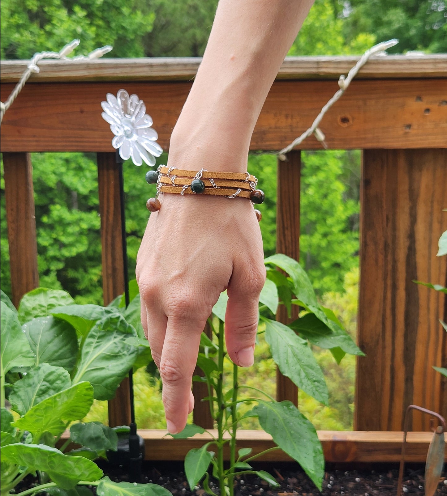 Leather and Chain Bracelet With Bead Dangles